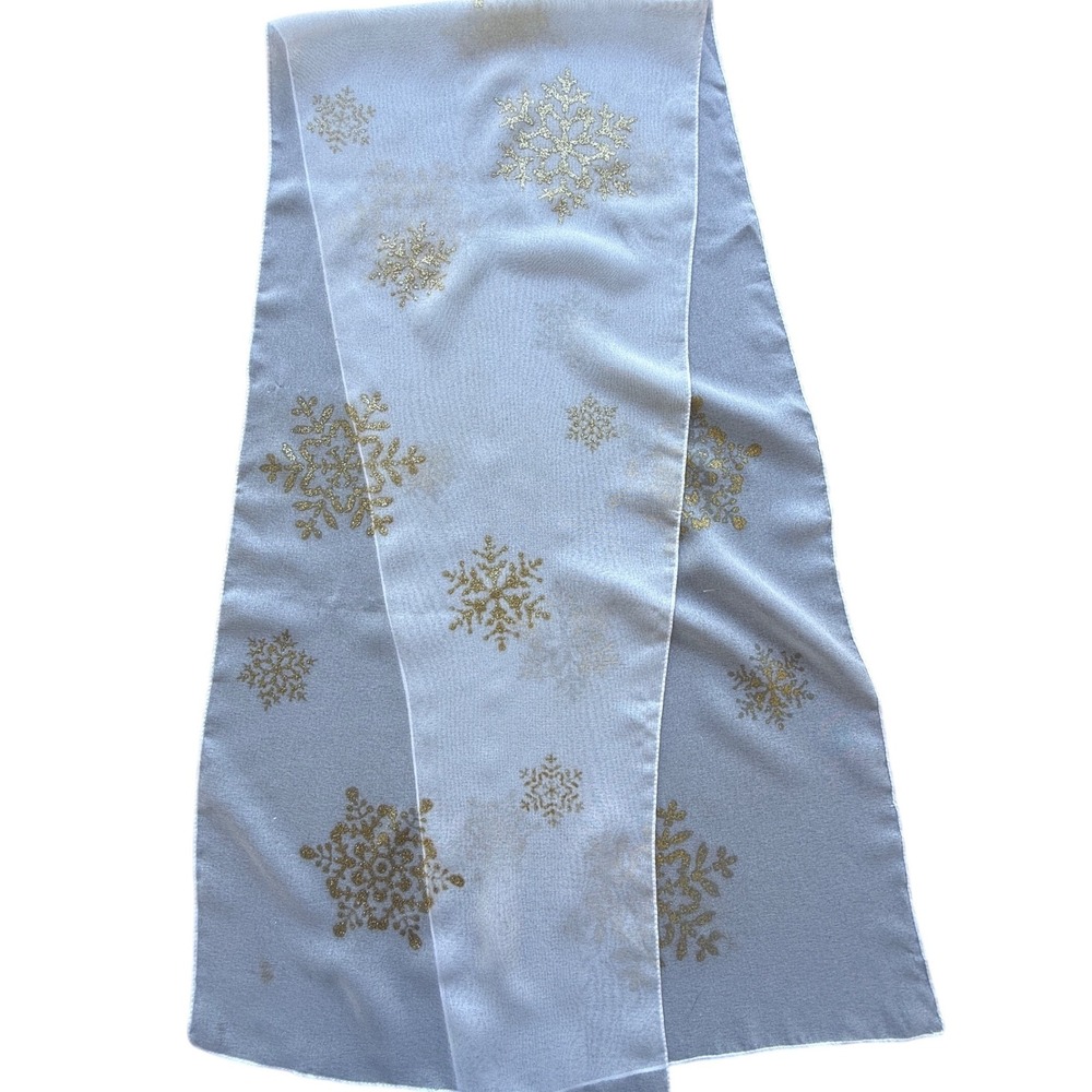 Vintage White Sheer Snowflake Scarf Gold Glitter Winter Holiday Oblong Wrap